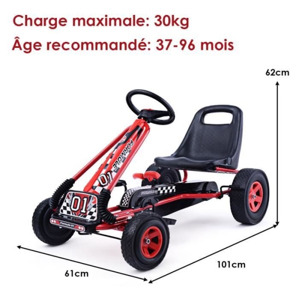 COSTWAY Metal Pedal Kart 1-sitsig Röd med gummihjul 101 x 61 x 62 cm Lämplig för 3 till 8 år gamla barns gokart