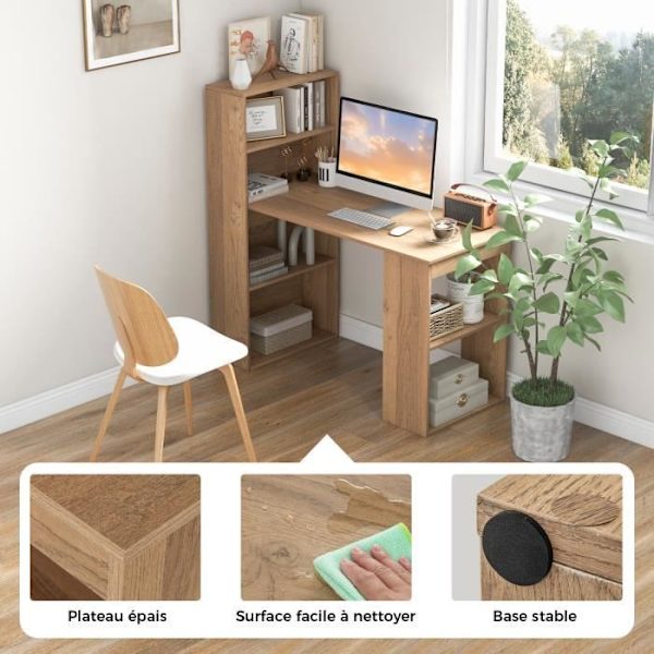 COSTWAY computerbord med reol, 75 cm højt computerbord med 6 lags opbevaringshylder, naturlig