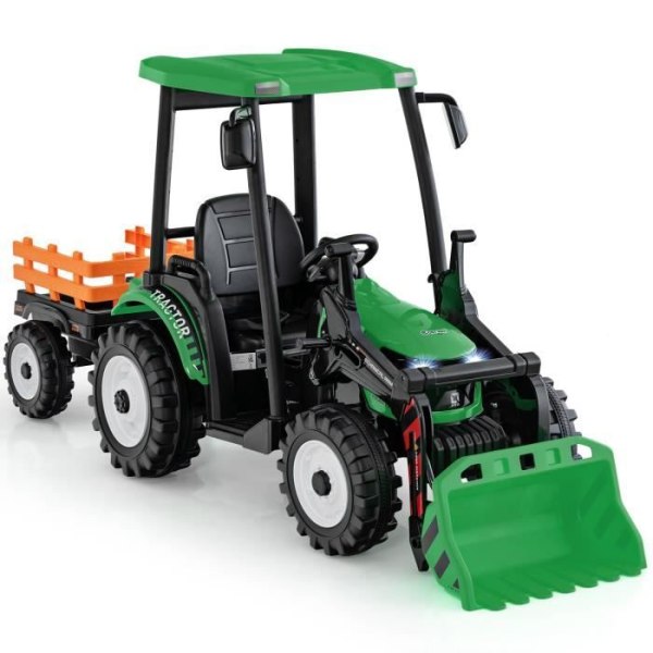 COSTWAY 12V-10Ah elektrisk traktor för barn - Grävmaskin &amp; avtagbar släpvagn - 2,4G fjärrkontroll - Musik - 3-8 år - Grön
