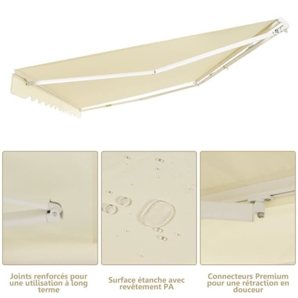 COSTWAY Store Banne de Balcon Retractable 3,6 X 3M med UV- og vandafvisende stof Aluminiumramme Justerbar vinkel 5-35° Beige