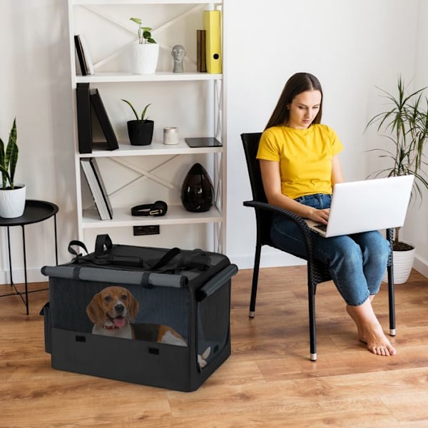 COSTWAY Bärbar Fällbar Transportväska för Hund 80 x 65 x 42 cm, Transportbur, 2 Öppningar och Fönster, Sidofickor Svart grå