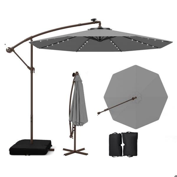 Parasol Déporté 40 LEDs 3M - COSTWAY - Bas Croisé Sac de Sable - Tissu Polyester UV 20+ Grå - Solpanel 6 Timmar Grå