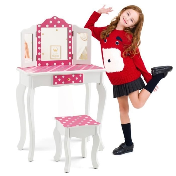 COSTWAY toalettbord för barn med avtagbar 3-faldig spegel och pall, sminkbord med låda och tippskydd