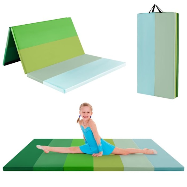 Sammenklappelig Gymnastikmåtte COSTWAY 180 x 120 x 4 cm - 3 fold - Skum, PU - Transporthåndtag - Selvklæbende fastgørelsesstropper Grøn