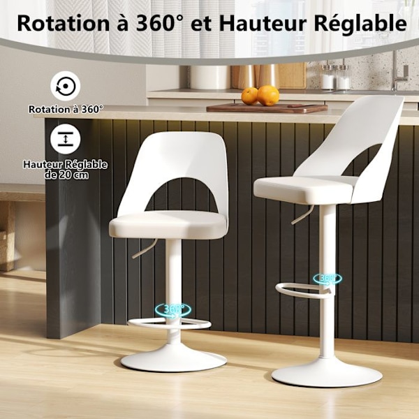 COSTWAY Sæt af 2 Ergonomiske Barstole - Justerbar Sædehøjde 63-83 cm til Køkken Bistro Hvid