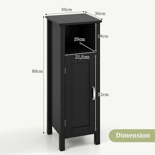 COSTWAY Badeværelsesskab med Justerbar Hylde og Dør, Opbevaringsorganisator til Toilet 30 x 30 x 80 CM Sort