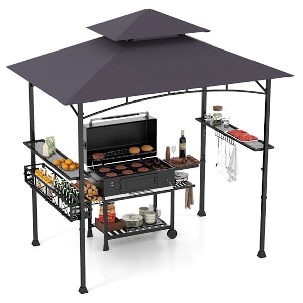 Tonnelle för Barbecue 242x153cm COSTWAY - 2 Nivåer - 2 Sidobord - Förvaringskorg - Hängkrokar - Öppnare Grå