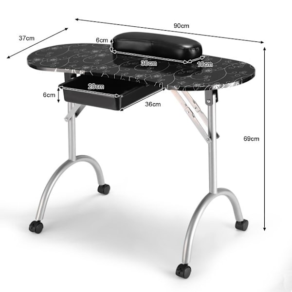 Fällbar Nagelbord med Hjul - COSTWAY - Låda - Handledskudde - 90 x 37 x 68 cm Svart
