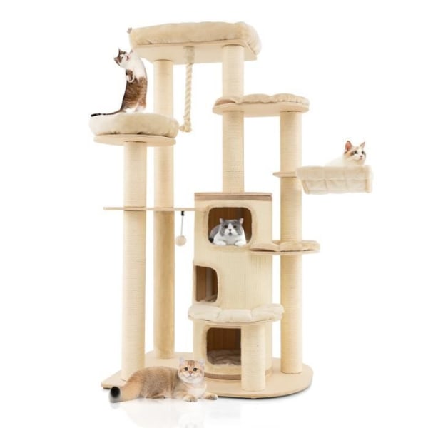 COSTWAY Stort kattträd 173 cm - 3 lägenheter, 2 sittpinnar, hängmatta - Katttorn - Skrapstolpe Sisalstolpar, Spring Ball - Beige