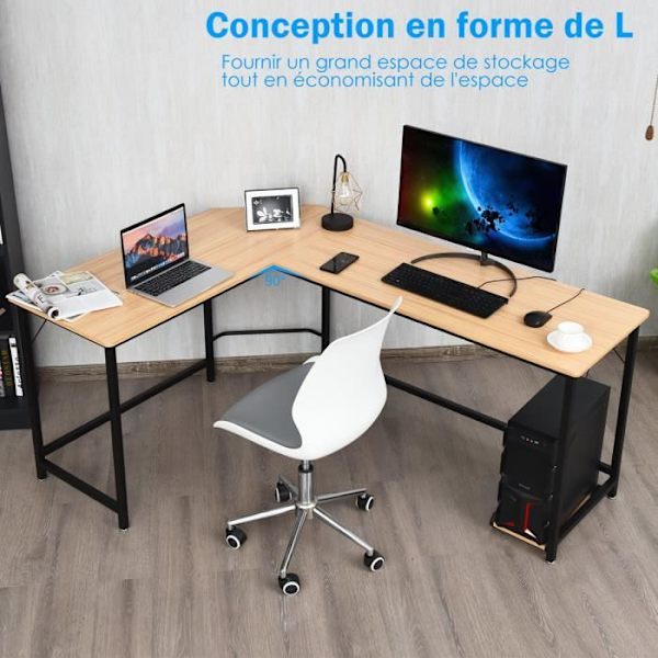 COSTWAY stort hjørneskrivebord L168 x B125 x H74CM - Op til 3 computere med CPU-understøttelse Industriel stil, naturmetalstruktur Naturlig
