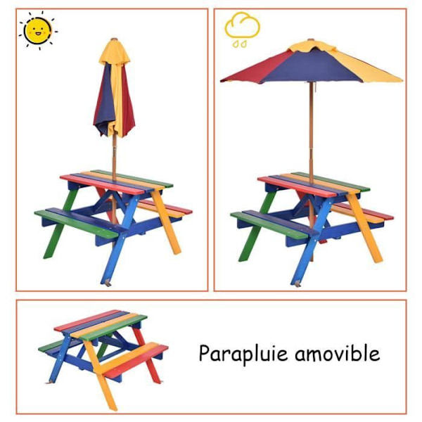 COSTWAY Børnehavebord og 2 bænk med parasol i fyrretræ, picnicbord til 4 børn, farverig farve Färgad + Brun