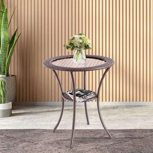COSTWAY Havemøbel i rattan, top af hærdet glas, ramme i rustfrit jern, opbevaringsplads, rundt bord 64 x 71 cm