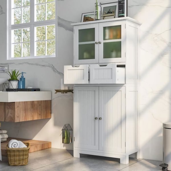 COSTWAY Kylpyhuonepylväs - 4 ovea 2 laatikkoa - Kylpyhuonekaappi - Säädettävät hyllyt - Olohuone, Keittiö - 60 x 30 x 128 cm Vit