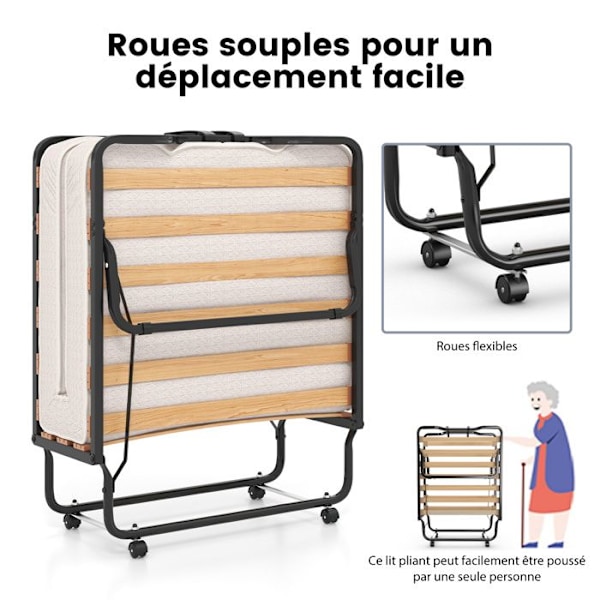 COSTWAY hopfällbar säng 80 x 200 cm, ortopedisk minnesmadrass 10 cm, 4-hjuls sängram för gäster, belastning 120 kg, beige Ramfärg: Svart | Madrass färg: Beige