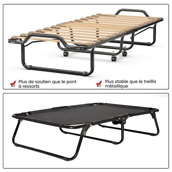 COSTWAY Foldeseng 80 x 200 cm, Ortopædisk Memory Madras 10 cm, 4-hjulet Sengeramme til gæster, Belastning 120 kg, Beige Ramfärg: Svart | Madrass färg: Beige