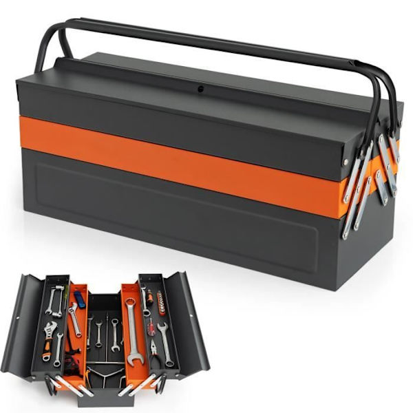 COSTWAY Foldbar metalværktøjskasse 5 bakker på 3 niveauer Håndtag Praktisk ingen montering til reparationsværksted, garage grå + orange