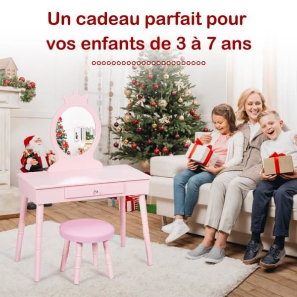 COSTWAY Sminkbord för barn med låda och pall, sminkbord för flickor i europeisk prinsessstil Vit
