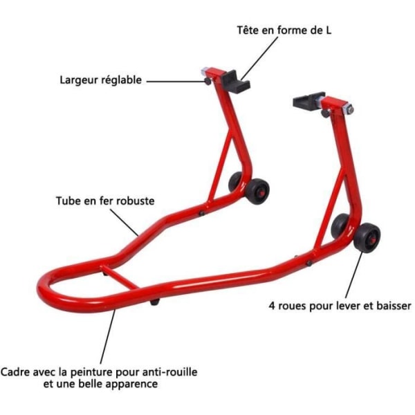 COSTWAY Motorcykelstativ Bakre motorcykelstativ med justerbar arm Motorcykelhjulstöd på stålhjul Röd