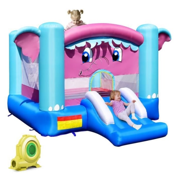 COSTWAY uppblåsbar lekplats för barn 480 W uppblåsare med studsmatta rutschkana och basketbåge elefanttema