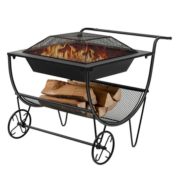 COSTWAY Wood Log Carrier 3 i 1 udendørs brazier med gnistfanger og opbevaringsstøtte belastning 50 kg 2 praktiske hjul sort Svart