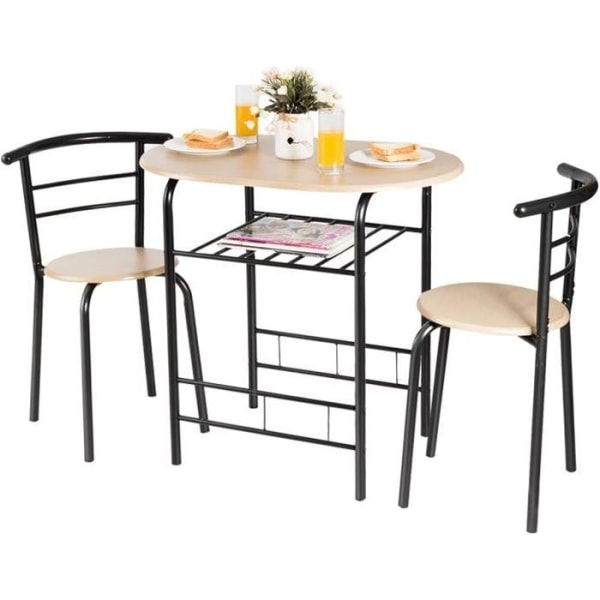 COSTWAY Set med matbord och 2 stolar, köksbord: 80 x 53 x75 cm (L x B x H) Naturlig + Stomme i svart metall