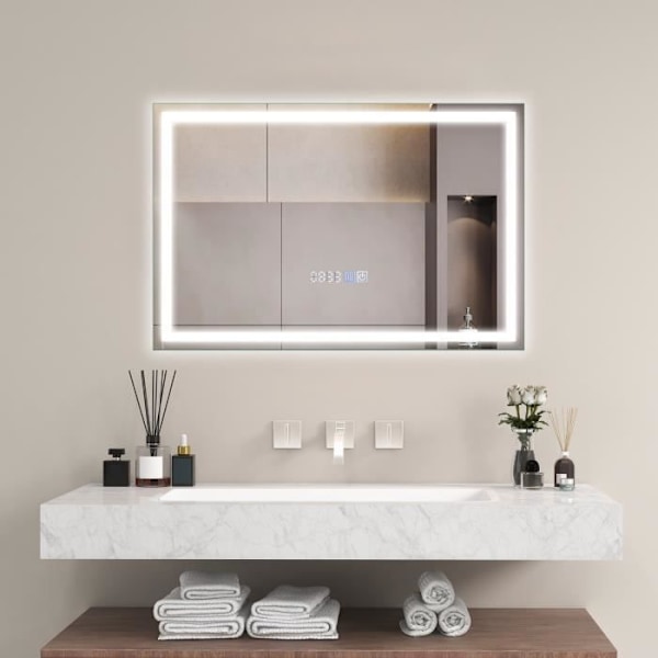 COSTWAY 60 x 40 cm kylpyhuonepeili 3000-6000k, muistitoiminto, ajan/lämpötilan näyttö, kosketuskytkin, IP44