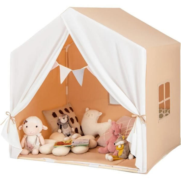 COSTWAY Leikkiteltta 3 - 4 Lapselle 131 x 91 x 131 CM, Pehmeä Puuvillamatto Sisä- ja Ulkokäyttöön, 3 Vuotta+ Ruskea kastanj