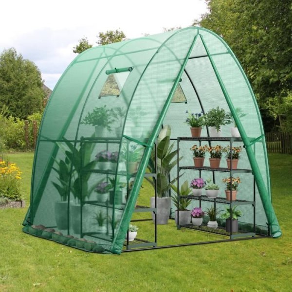 COSTWAY Trädgårdsväxthus med PE-överdrag, upprullat myggnätsfönster 2 dragkedjedörrar Sidoficka, grön