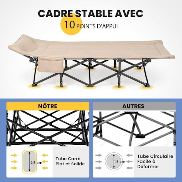 COSTWAY Sammenfoldelige lejrsenge 188 x 68,5 x 48,5 cm med bæretaske, pude og nakkestøtte, 10 støtteben, kaffe