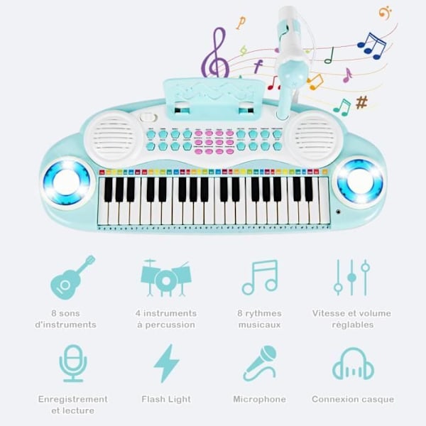 COSTWAY Kannettava 37 näppäimistä Lasten kosketinsoittimet Piano - Rytmivalo - Mikrofoni - Irrotettavat jalat - 8 rytmiä opetus - Sininen