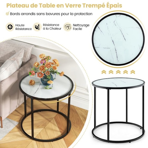 COSTWAY 50 cm runt sidobord i glas med metallram, imitation av marmorglasskiva, modernt för vardagsrum, sovrum