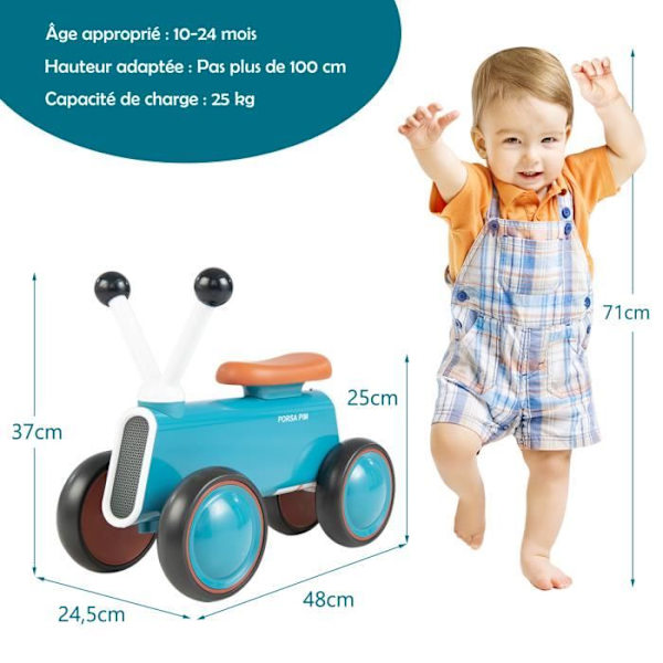 COSTWAY Baby Balance Bike 1 år gammal, Balanscykel utan Pedal 4 Hjul - 135° Styrning Present för flicka Pojke 10 till 24 månader Blå