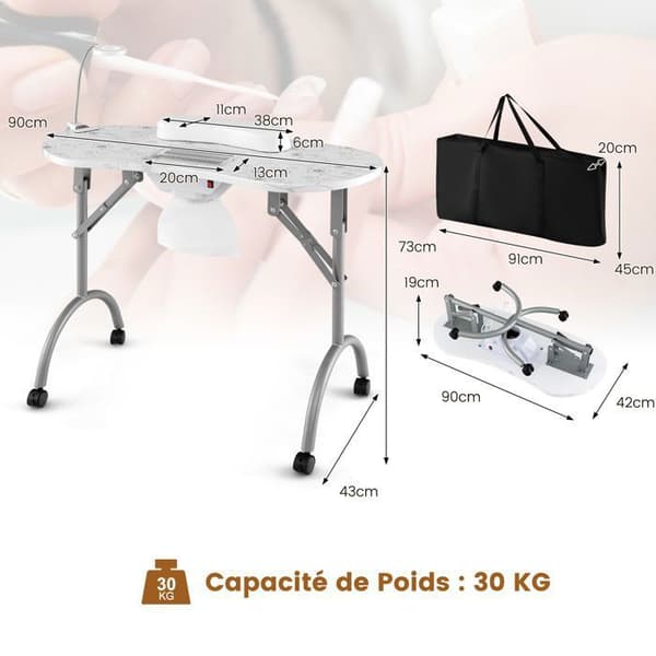 COSTWAY Foldable Manicure Table with Vacuum and Flexible LED Light, Removable Wrist Cushion