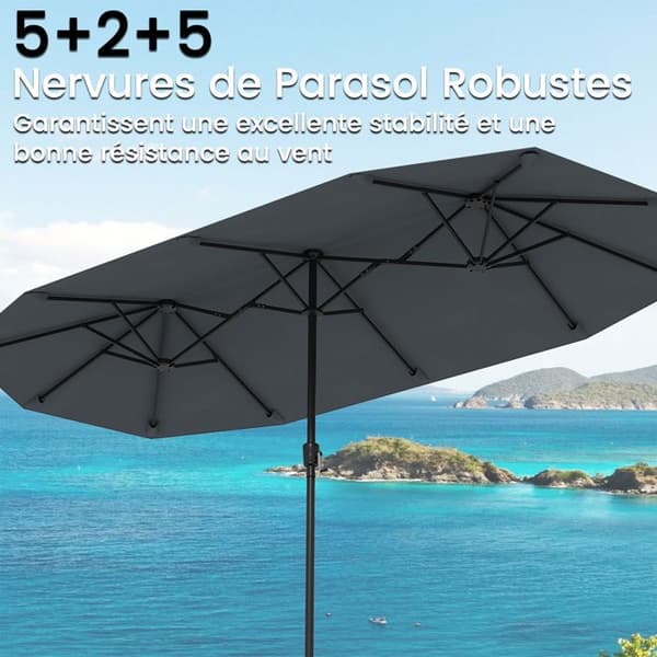 COSTWAY Rektangulær Haveparasol 392 x 212 x 222 cm - 12 Robuste Spiler - Krog til Terrasse Grå