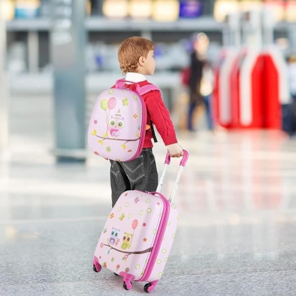 COSTWAY barnväska på hjul 16'' + 12'' ryggsäck, barnbagageset med ugglemönster, flygresor, rosa Rosa
