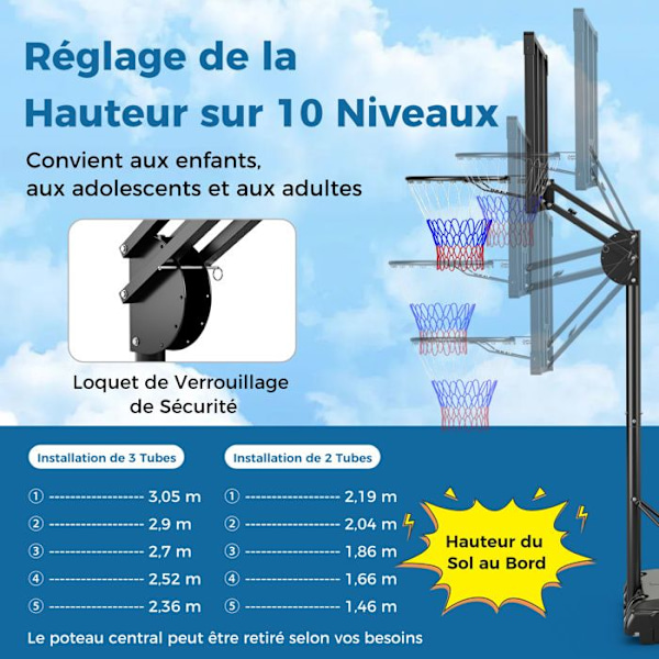 Fritstående Basketball Hoop 10 Højde 149-305 cm COSTWAY-50KG Taske-Uknuselig Backboard-2 Hjul-Fyldbar Base