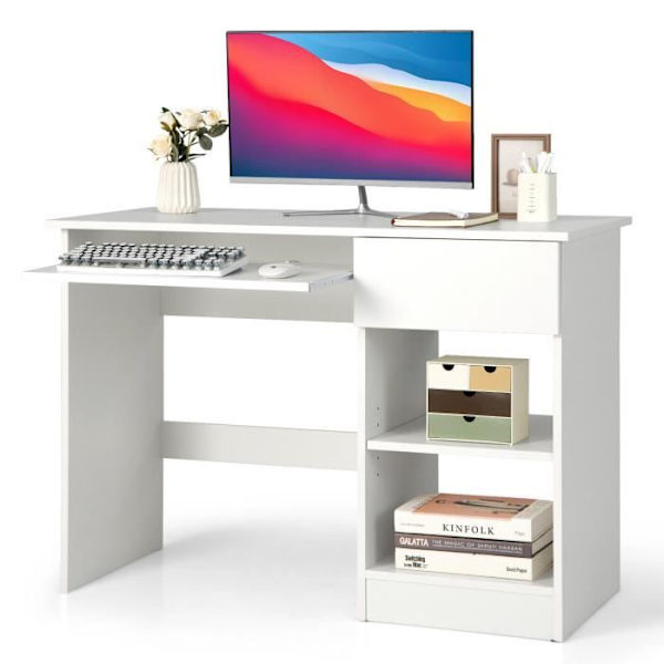 COSTWAY suora työpöytä 108 x 48 x 75 CM (P x L x K) - Liukuva näppäimistöalusta, 1 iso laatikko, 1 säädettävä ja irrotettava hylly valkoinen