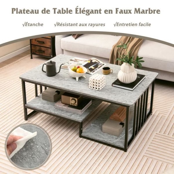 COSTWAY soffbord med marmortryck 3 våningar - justerbara ben, metallram, runda bordshörn - rektangulärt vardagsrumsbord