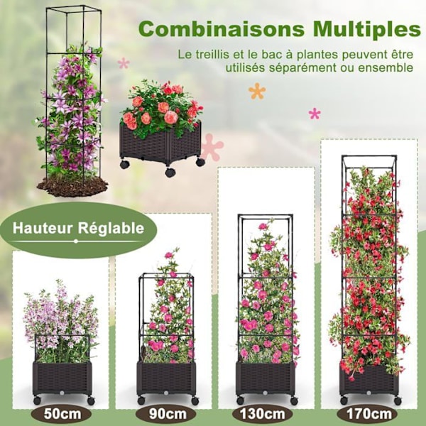 Hævet plantekasse med espalier til klatreplanter - COSTWAY - Automatisk vanding - Justerbar højde svart och brun