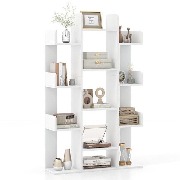 COSTWAY Tree bokhylla 141 CM, 13 öppna hyllor för böcker och dekorationer, tippskydd, vit Vit