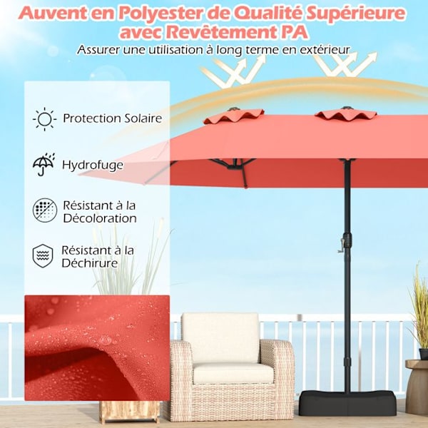 Parasol Double de Jardin 470x285cm Rectangulaire - COSTWAY - Perustoimitus ja 2 Hiekka-aluetta mukana - 12 Vahvaa Sälettä - Terassi - Oranssi