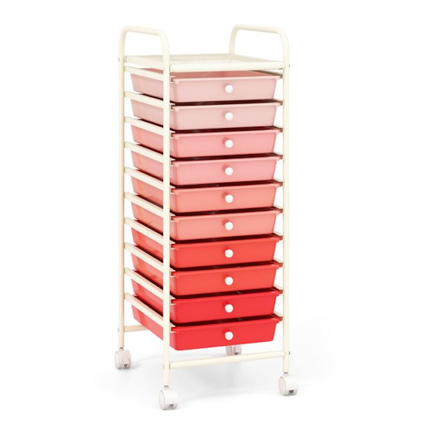 Rullande Förvaringsvagn COSTWAY - 10 Lådor - 4 Universella Hjul med Bromsar - 32,5 x 37 x 86 CM - A4 och Breddformat - Rosa Rosa