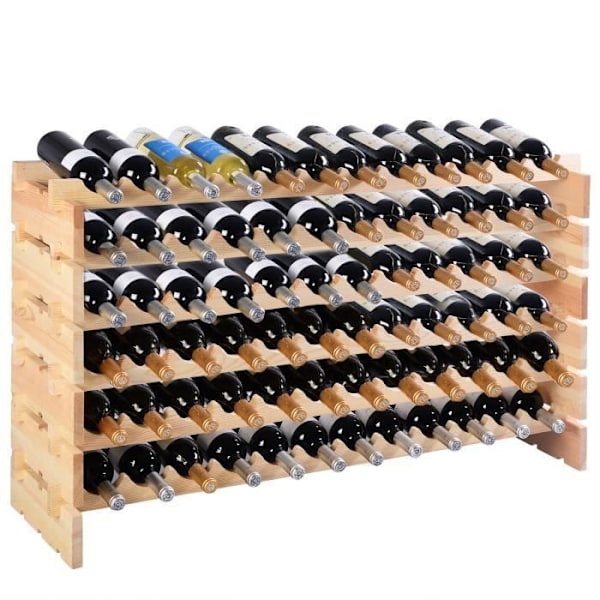 COSTWAY Hållare för Vinflaskor i Furu för 72 Flaskor, Modulär Vinreol med 6 Nivåer, Stapelbar Vinbox 119x29x72 CM Naturlig