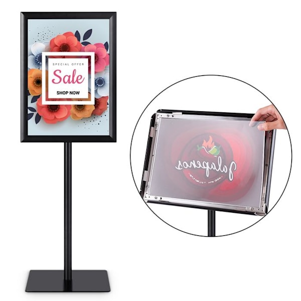 COSTWAY Standing Display Stand Plakat Holder A3 Justerbar Støtte 78,5-123 cm i sort rustfrit stål