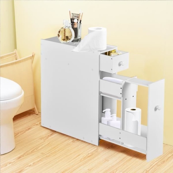 COSTWAY Badrumsskåp med hylla och förvaringslåda Vit WC-skåp i trä