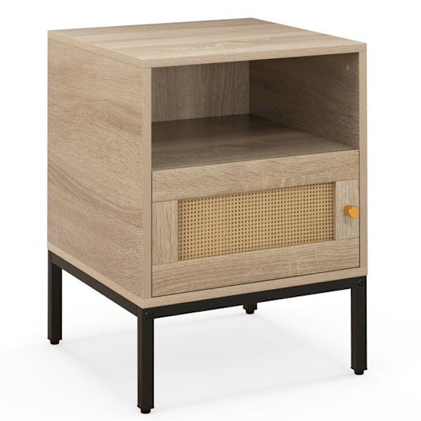 COSTWAY Sängbord med förvaring – Öppet fack – Dörrskåp i rottingdekoration – Bohemisk effekt – 40 x 40 x 57 cm Naturlig