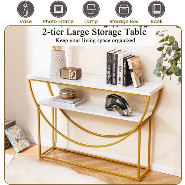 COSTWAY Konsolbord med Marmor-effekt i 2 Nivåer - Modern Skandinavisk Stil i Guld Metallram 120 x 30 x 80,5 cm (L x B x H)