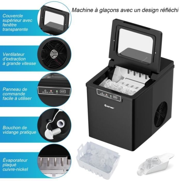 COSTWAY Bärbar ismaskin 12KG /24H 9 isbitar per 8 min med larmsystem, 1,85L tank, 105W LCD-skärm