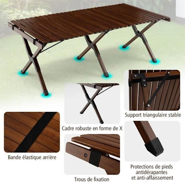 COSTWAY Bärbart hopfällbart campingbord Bambu Roll Up Lamellbricka Bärväska Last 50kg 122 x 60cm Kaffe