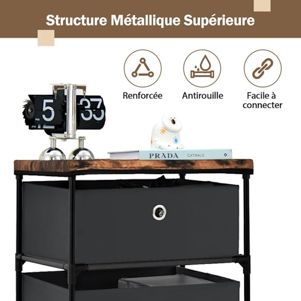 COSTWAY kommode med 4 stofskuffer 42 x 33,5 x 84,5 cm, med metalramme, opbevaringsskuffemøbler til soveværelse, industri, sort Svart
